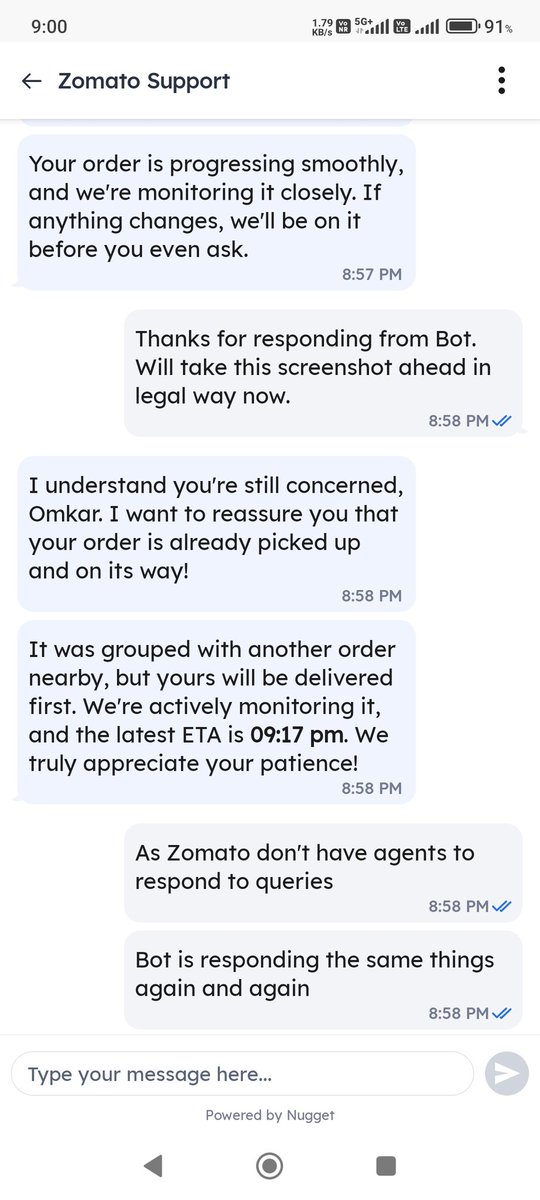 OmkarAwate01's tweet photo. @deepigoyal please stop looting the customers and provide proper customer service. We are paying platform fee for customer service not to speak with BOTs. @jagograhakjago requesting you to file complaint against @zomato @zomatocare for using 100% bot &amp; lack of service to customer https://t.co/HvxVgYX0Ll