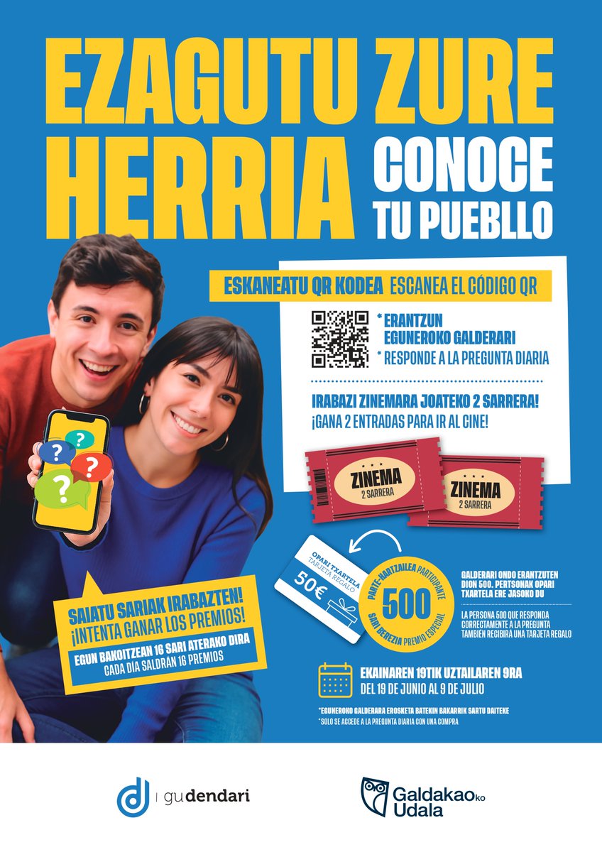 🔍🛍️ Compra, juega y gana; la nueva apuesta para apoyar al comercio local de forma más divertida

🔗 labur.eus/CTPueb

ℹ️ Desde este jueves, 19 de junio, hasta el 9 de julio, la campaña ´Conoce tu pueblo' invita a las y los galdakoztarras a participar en un reto diario de
