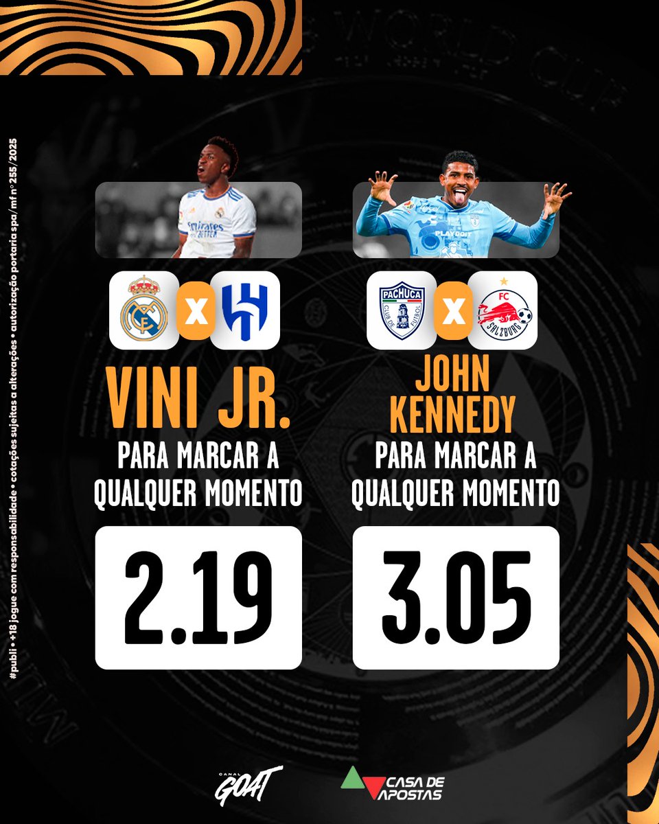 CRAQUES BRASILEIROS EM AÇÃO NO MUNDIAL! 🇧🇷🔥

Vini Jr. estará em ação no duelo entre Real Madrid e Al-Hilal, enquanto John Kennedy lidera a linha de ataque do Pachuca contra o RB Salzburg.

Acredita que eles balançarão as redes? Então aproveite as odds da <a href="/casadeapostas/">Casa de Apostas</a>!

#GOAT