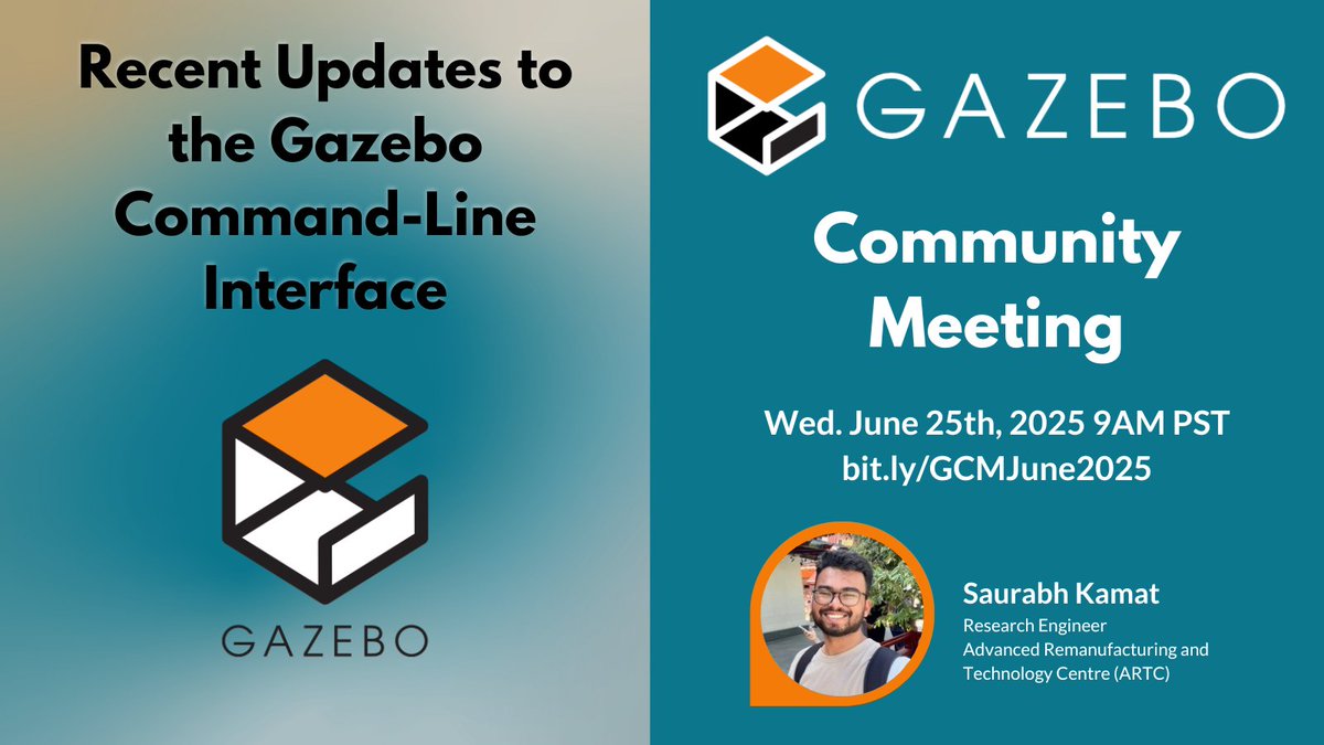 Our next <a href="/GazeboSim/">Gazebo Simulator</a> community will happen on June 25th at 9am PT and feature Gazebo contributor Saurabh Kamat discussing recent improvements to the Gazebo command line interface. 

community.gazebosim.org/t/community-me…