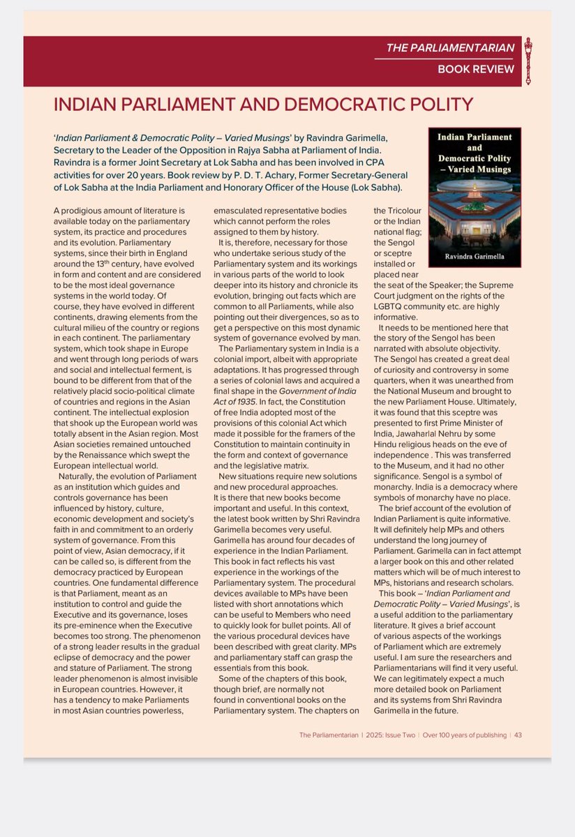 Review of my book 'Indian Parliament and Democratic Polity -Varied Musings ' published in the latest issue of The Parliamentarian CPA London