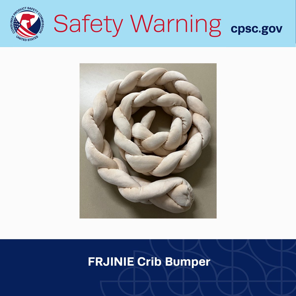 #WARNING: CPSC is warning consumers to immediately stop using FRJINIE bumpers because they can obstruct an infant’s breathing, posing a risk of serious injury or death from suffocation. 

More from CPSC: cpsc.gov/Warnings/2025/…