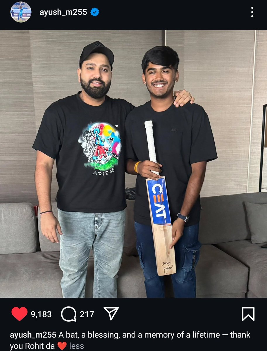 TrendsRohit's tweet photo. Hitman has gifted a signed bat to Ayush Mhatre!!

@ImRo45 https://t.co/xj61SYkKDG