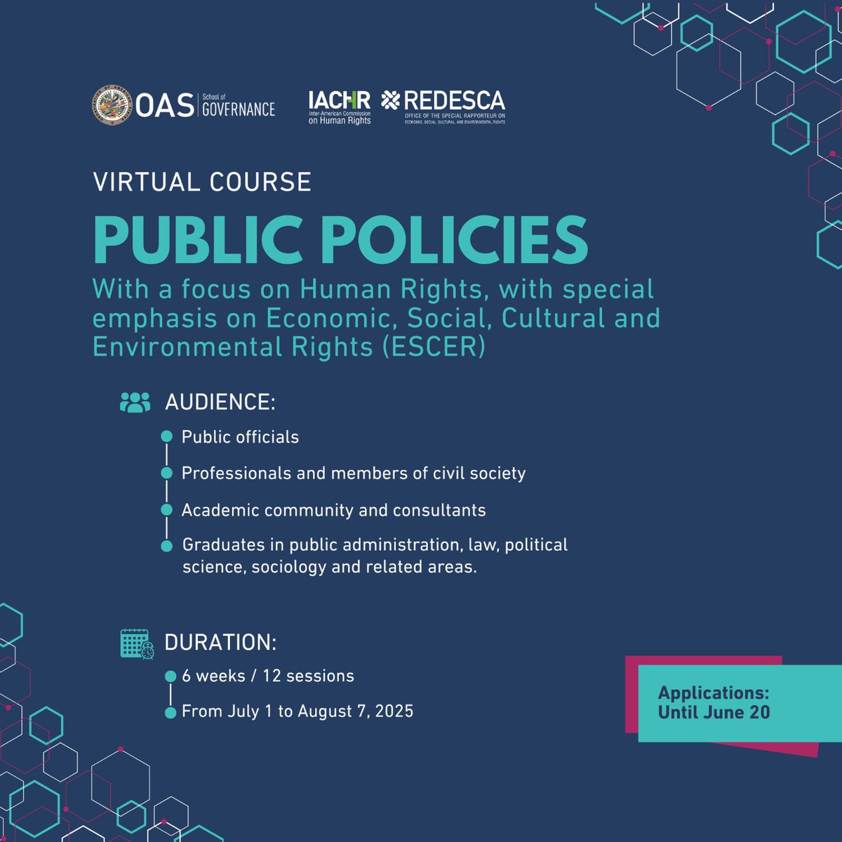 ➡️Deadline for registration: June 20
 📚2nd Edition of the Public Policy Course with a Human Rights Approach! Special focus on Economic, Social, Cultural and Environmental Rights (ESCER).
Organized by <a href="/EscuelaOEA/">Escuela de Gobierno OEA</a> and <a href="/DESCA_CIDH/">#REDESCA</a>
🗓️ From July 1 to August 7, 2025
📲 Register here: