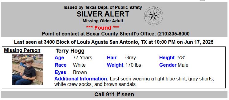 DISCONTINUED SILVER ALERT for Terry Hogg from San Antonio, TX, on 06/18/2025