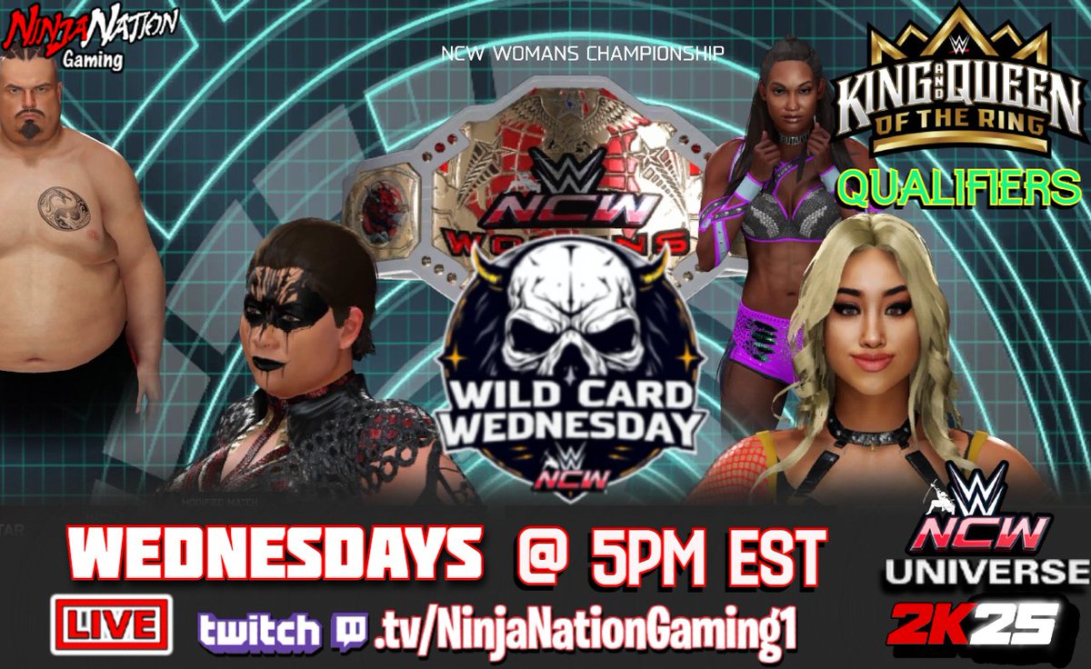 Tonight is a very special "Wild Card Wednesday"
The Last KING &amp; QUEEN of the ring qualifiers for the men &amp; women!
Tag titles are on the line in your main event &amp; more surprises!
IT ALL STARTS RIGHT NOW LIVE ON #WWE2K25  
JOIN IN &amp; COME HAVE SOME FUN!
🔴👉 twitch.tv/ninjanationgam…