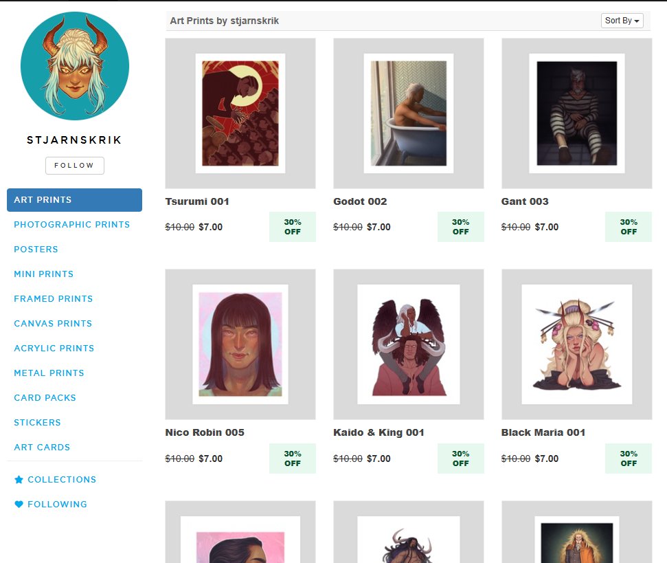 40% off sitewide on Inprint and I've recently updated it with new prints! <a href="/inprnt/">INPRNT</a> 

Check out my store here:
inprnt.com/gallery/stjarn…