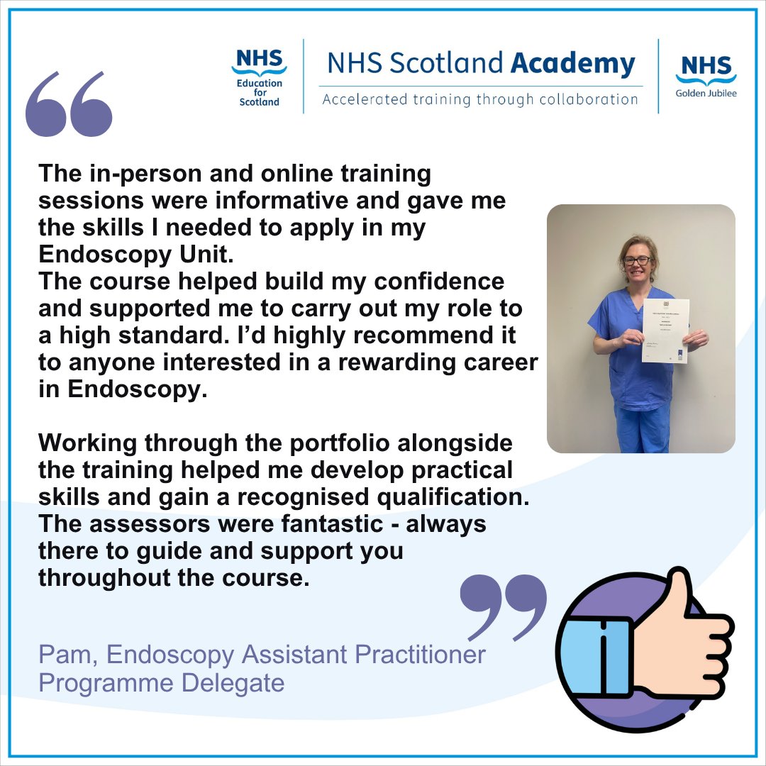 📢 Interested in a career in Endoscopy?

Hear from a recent participant on our Assistant Practitioner Programme.

Gain the skills, experience and qualification to take the next step.

Next cohort starts 1 Oct 2025: nhsscotlandacademy.co.uk/programmes/nat…
