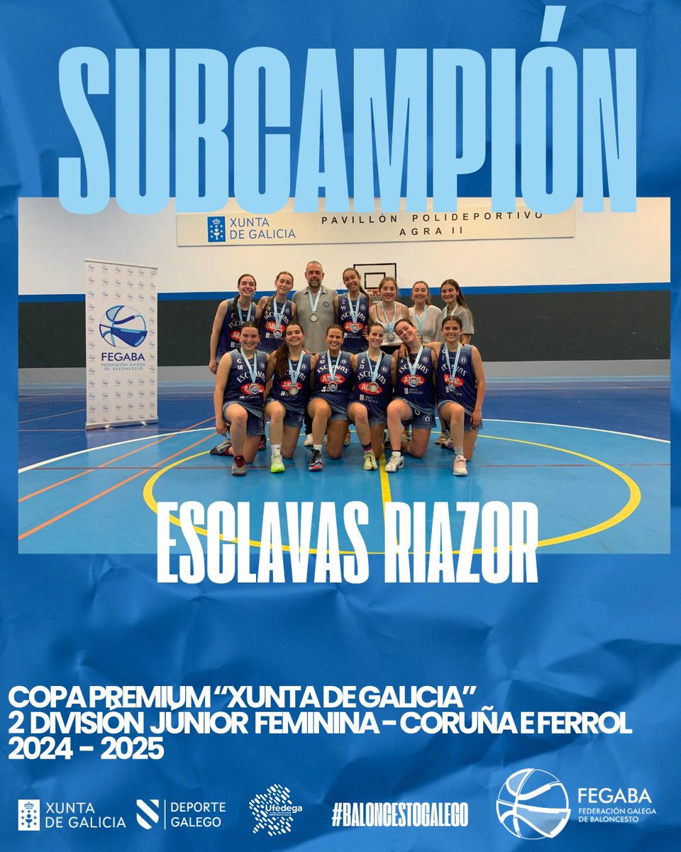 Ligas FEGABA 

🏆 Copa Premium <a href="/Xunta/">Xunta de Galicia</a> 
2️⃣ División Júnior Feminina 
📍Delegacións Ferrol - Coruña  

 🏀 <a href="/UniFerrol/">Baxi Ferrol</a> 
🥇Campión 

🏀 <a href="/ClubEsclavas/">Club Esclavas Coruña</a> 
🥈Subcampión 

👏👏

#BaloncestoGalego 

@ufedega 
@conspresidenciaxunta