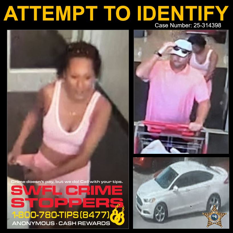 Know who they are?  On June 13th the two individuals stole a variety of merchandise worth $823.89 from the Target store at 15880 San Carlos Blvd S in Fort Myers. They were seen in a white Ford Fusion.

Call Crime Stoppers at 1-800-780-TIPS (8477) w/ info. Cash reward possible!