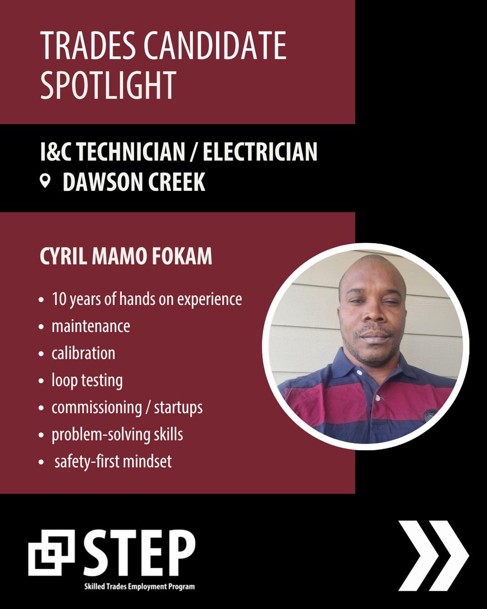 🔧 Skilled Trades Spotlight: Cyril Mamo Fokam
📍 Dawson Creek, BC
👷‍♂️ Instrumentation &amp; Control Technician / Electrician with 10 years of experience

📩 Contact: Teresa German 📱 250-329-6714
✉️ teresa.german@bccassn.com
Regional Employment Placement Specialist, STEP