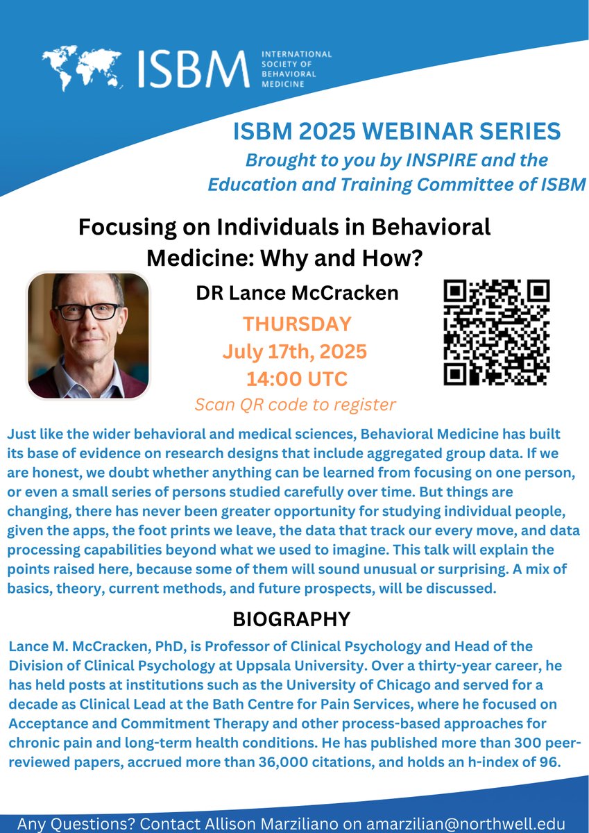 International Society of Behavioral Medicine (@intsocbehmed) on Twitter photo Join ISBM for a Free Online Workshop: "Focusing on Individuals in Behavioral Medicine: Why and How?" with Dr. Lance McCracken. This workshop will take place on July 17th at 14:00 UTC. Learn more and register at: isbm.info/isbm-webinar-i… <a href="/InspireIsbm/">INSPIRE ISBM</a> Join ISBM for a Free Online Workshop: "Focusing on Individuals in Behavioral Medicine: Why and How?" with Dr. Lance McCracken. This workshop will take place on July 17th at 14:00 UTC. Learn more and register at: isbm.info/isbm-webinar-i… <a href="/InspireIsbm/">INSPIRE ISBM</a>