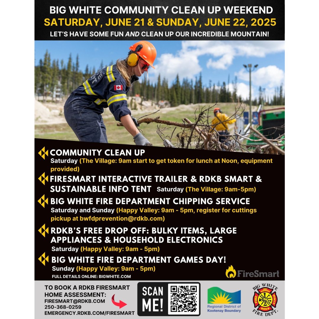 BIG WHITE CLEAN UP: June 21–22!
Sat: Clean up the village
+ Free bulky item drop-off
🔥 FireSmart Trailer + RDKB Info/OCP tent
🌲 Free chipping &amp; home assessments
🎯 Sun: Fire Dept. Games Day for kids!

🎥 Last year: facebook.com/share/v/1Bokmx…
📅 Schedule: bigwhite.com/summer/events-…