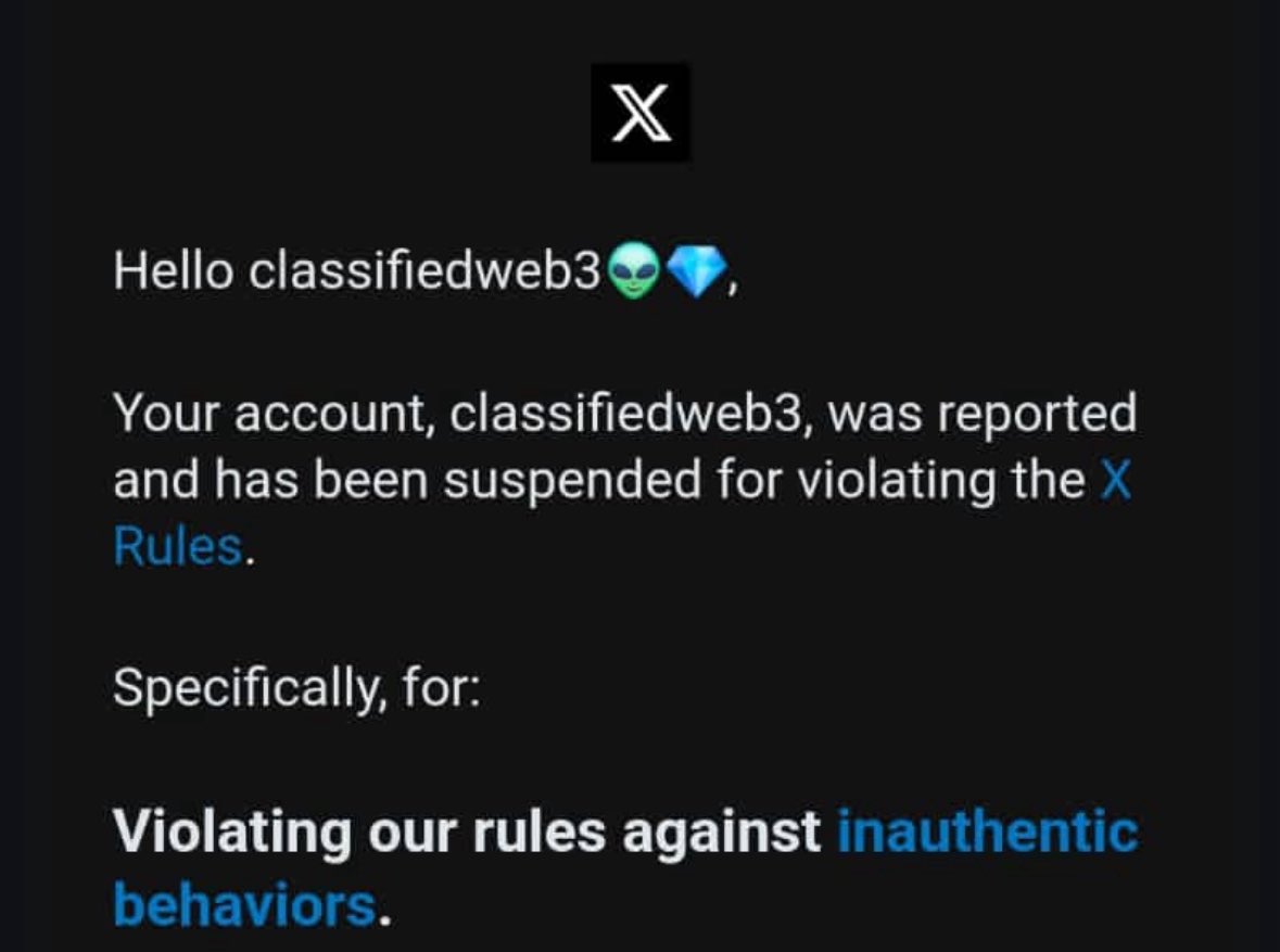 Hey <a href="/Support/">Support</a> <a href="/X/">X</a> this ain’t it.

You just suspended <a href="/classifiedweb3/">classifiedweb3👽💎</a>, one of the realest voices on this app, no warning, no context just gone 💔

False reports shouldn’t silence genuine users. This platform is supposed to be about expression, not suppression.

We’re asking for a