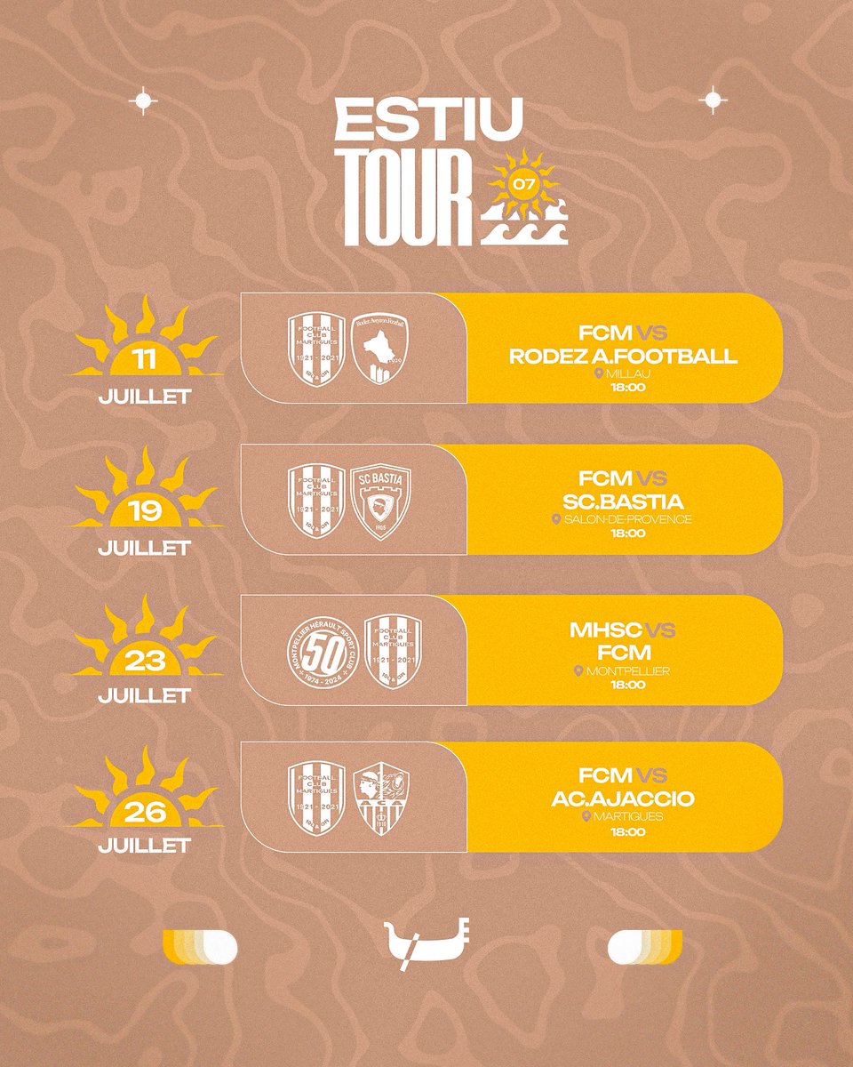 🌞 𝐄𝐒𝐓𝐈𝐔 𝐓𝐎𝐔𝐑 𝟐𝟎𝟐𝟓

Le FC Martigues lance son « Estiu Tour », la tournée estivale de préparation avant la saison 2025/2026. 

🗓️ Au programme : 4 matchs amicaux au cours du mois de juillet. 🔜

#EstiuTour