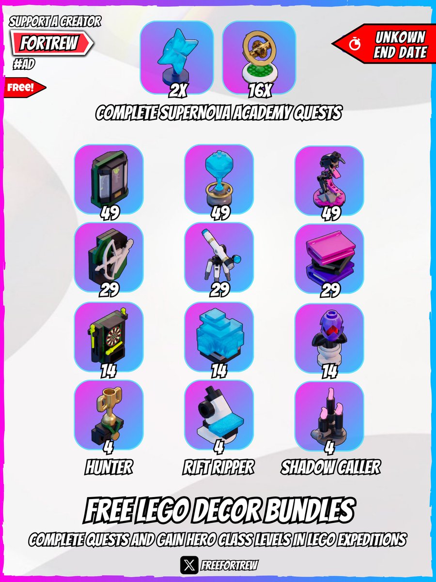 Free Lego Decor Bundles

Complete Quests and Gain Hero Class levels in Lego Expeditions.

❗️ These items are usable in Lego Odyssey and Brick Life.

📅 Unkown end date.
