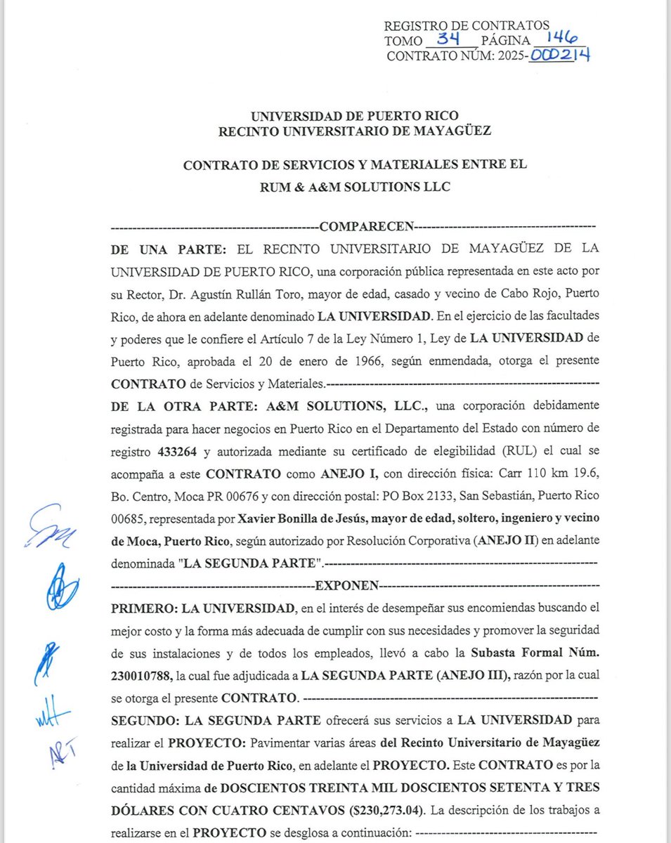 El Recinto Universitario de Mayagüez formaliza el contrato para la pavimentación parcial del estacionamiento de estudiantes Área Blanca y otros espacios de nuestro Campus.