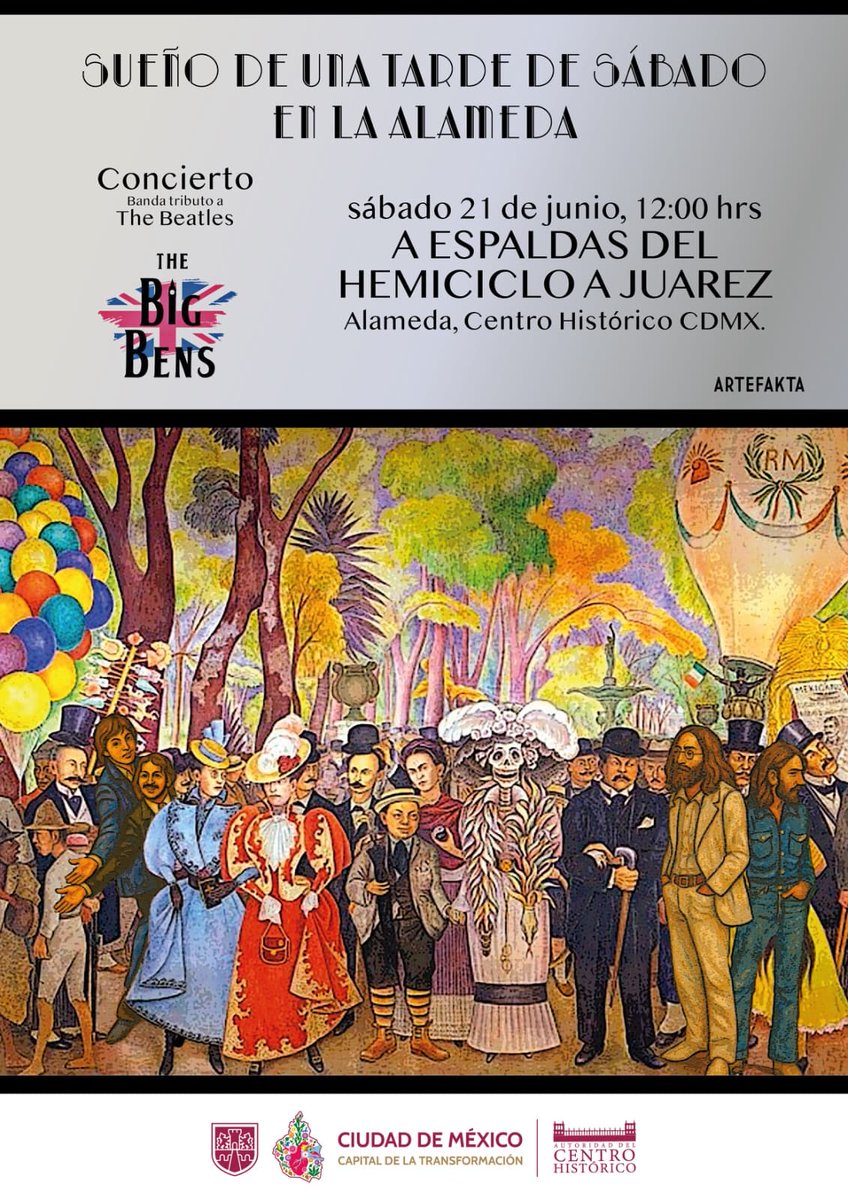 Concierto The Beatles

¿Sin planes para este sábado? Cáele al concierto gratuito tributo a 𝐓𝐡𝐞 𝐁𝐞𝐚𝐭𝐥𝐞𝐬 con 𝐓𝐡𝐞 𝐁𝐢𝐠 𝐁𝐞𝐧𝐬 atrás del Hemiciclo a Juárez en la Alameda Central a las 12 h. 🎤🥁 Checa la información. 👇 

La #ACH invita 😃 ¡Los esperamos! 🎶