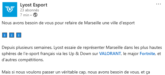 Nous avons besoin de vous pour refaire de Marseille une ville d'esport.

PARTAGEZ notre dernier post LinkedIn 🙏 

(LIEN EN DESSOUS)