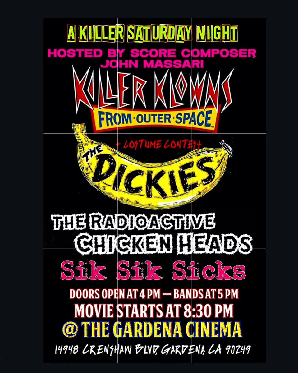 John Massari Composer (@johnmassari) on Twitter photo THIS Saturday, June 21, 2025! The Dickies, LIVE!
Doors open at 4:00PM
5:00PM - <a href="/siksiksicks/">sik sik sicks</a>
6:00PM - <a href="/ChickenHeads/">Radioactive Chicken Heads</a>
7:00PM - <a href="/thedickiesband/">The Dickies Official</a>
Hosted By: John Massari THIS Saturday, June 21, 2025! The Dickies, LIVE!
Doors open at 4:00PM
5:00PM - <a href="/siksiksicks/">sik sik sicks</a>
6:00PM - <a href="/ChickenHeads/">Radioactive Chicken Heads</a>
7:00PM - <a href="/thedickiesband/">The Dickies Official</a>
Hosted By: John Massari