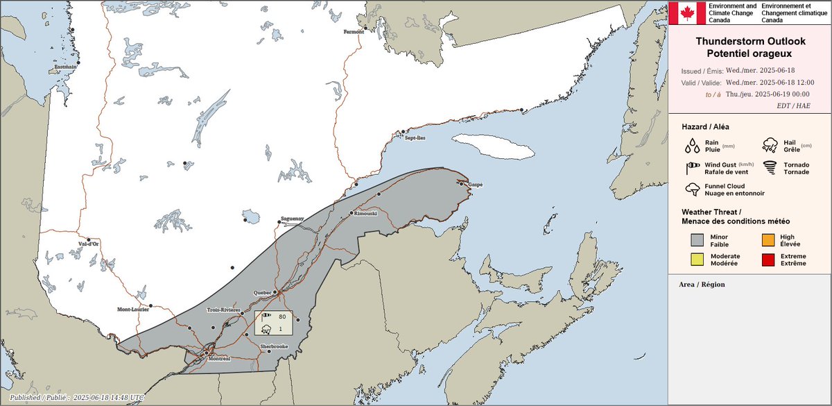 Thunderstorm outlook for Quebec valid today, June 18.

Any report of damage can be sent to Environment and Climate Change Canada using #QCstorm or by emailing QCstorm@ec.gc.ca.