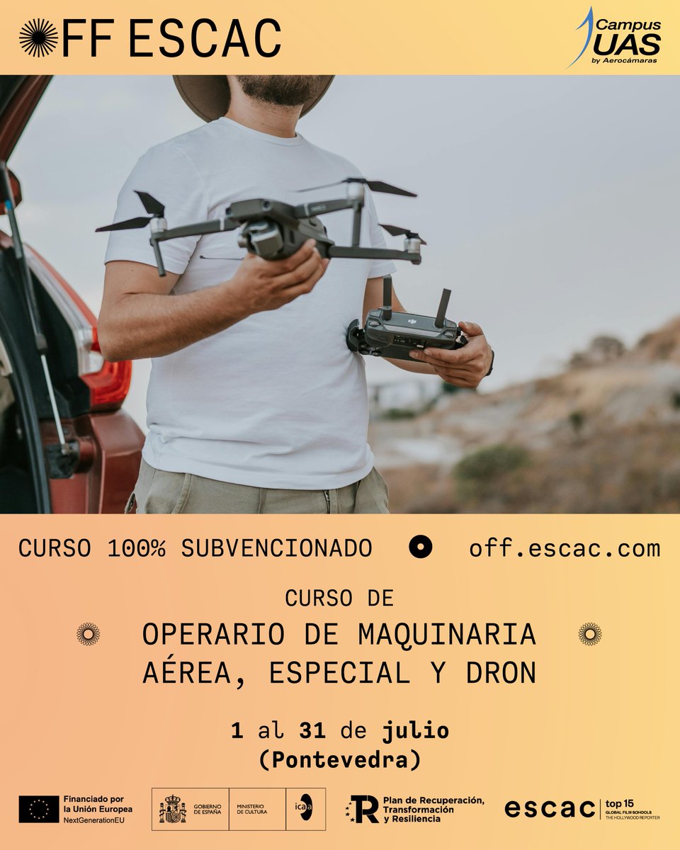 🎥 El #cine siempre ha soñado con volar.
Ahora puedes hacerlo tú.
Os traemos el #curso del Programa OFF ESCAC en colaboración con #Aerocamaras intensivo para dominar el uso de #drones en el #audiovisual
📍Julio· #Pontevedra
🔗off.escac.com/operador-de-ma…
<a href="/escac/">ESCAC</a> <a href="/CineICAA/">ICAA</a> <a href="/culturagob/">Ministerio de Cultura</a>