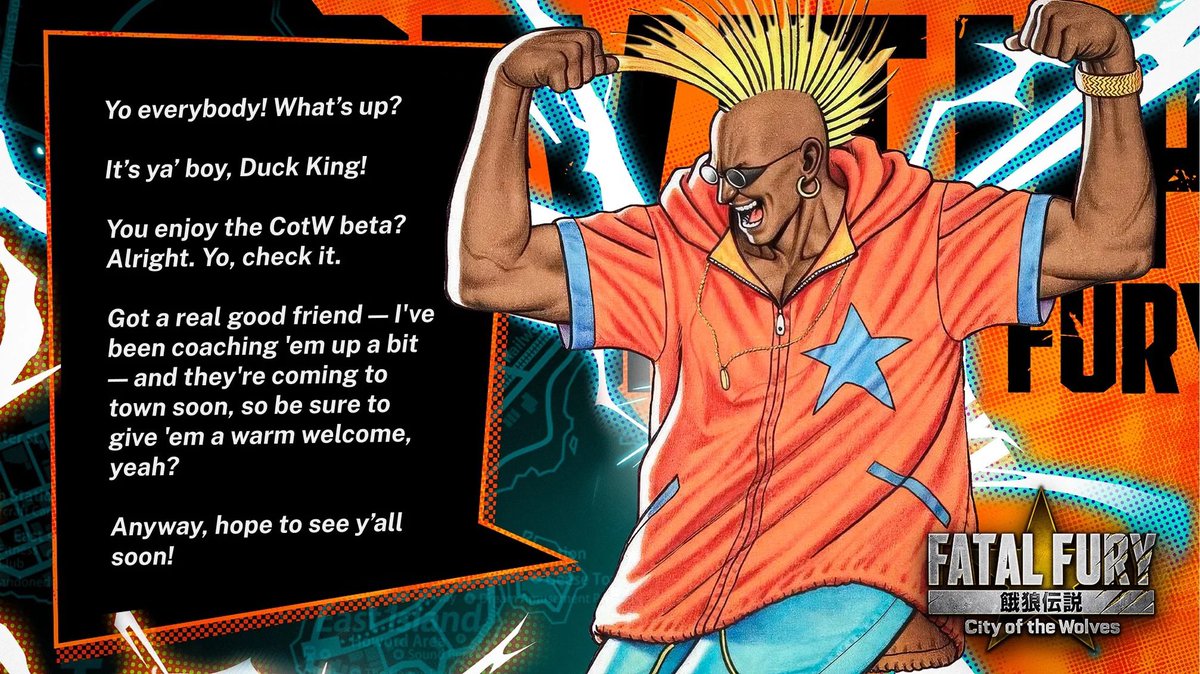 I voice Duck King in Fatal Fury: City of the Wolves! Always dreamed of being in a fighting game, and now I get to be Terry Bogard’s rival?? A true blessing. 🙏🏿 Duck King’s energy matches mine &amp; he’s the most requested fighter so hopefully you’ll see more of him 👀👀👀

#FatalFury