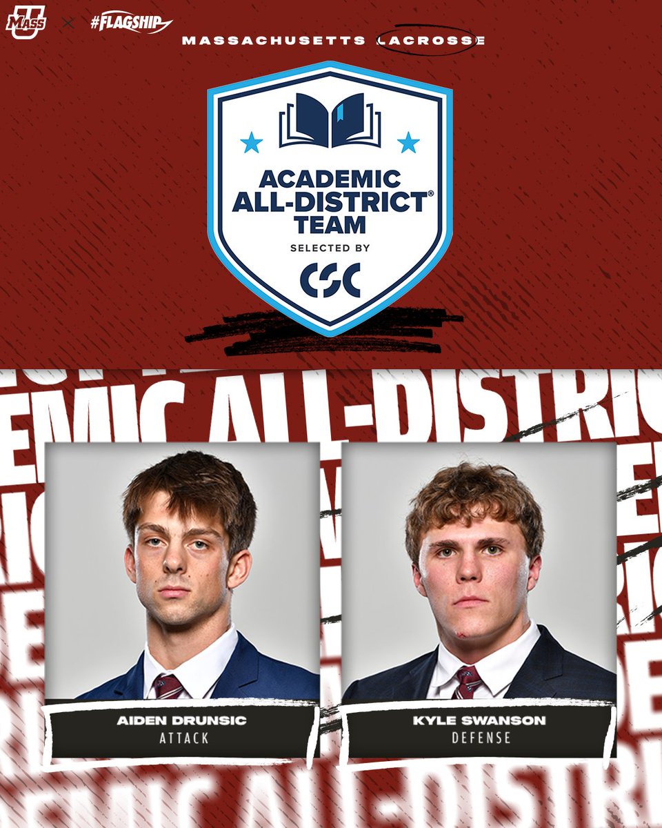 UMass Men's Lacrosse (@umassmlacrosse) on Twitter photo Aiden Drunsic and Kyle Swanson earned a spot on the <a href="/CollSportsComm/">College Sports Communicators</a> Academic All-District Team!
#gorillalacrosse🦍 x #Flagship🚩 Aiden Drunsic and Kyle Swanson earned a spot on the <a href="/CollSportsComm/">College Sports Communicators</a> Academic All-District Team!
#gorillalacrosse🦍 x #Flagship🚩