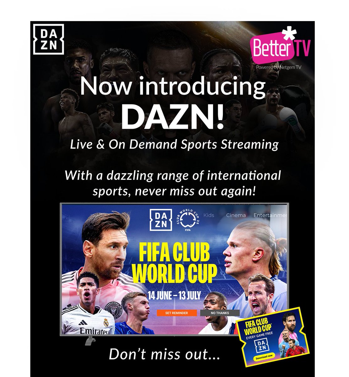 You can stream every game of the FIFA Club World Cup for free on DAZN! 

Available directly on BetterTV with brsk without any additional cost or subscriptions. 😱

100% full fibre broadband and our TV services - all in one - from £34 a month! eu1.hubs.ly/H0l5vm60