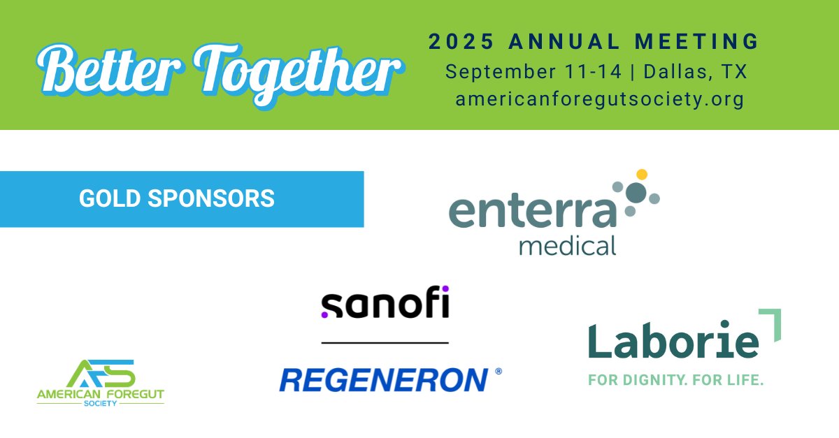 Join us for the AFS Annual Meeting in Dallas, Texas, from September 11-14!  

A special thank you to our Gold partners for helping make this year's event possible!

• Enterra Medical
• Laborie 
• Sanofi

Register for this premier foregut event here: zurl.co/7WjbU