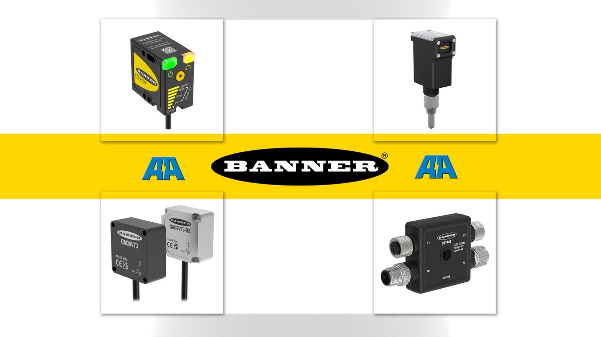 AAElectric's tweet image. Contact your sales representative or call 1-800-237-8274 to learn more about each Banner product pictured here or others you may need. #Bannerengineering #automation

~B25 Wide Beam Sensor
~Q45 Wireless Dew Point Sensor
~QM30VT3 3-Axis Vibration Sensor
~R50 M12 Power Splitter