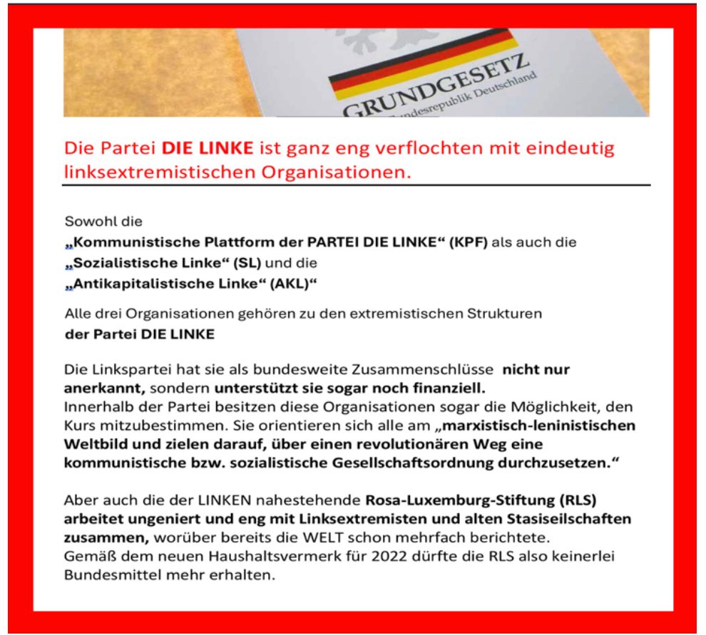 Obwohl die LINKS-PARTEI und deren Rosa-Luxemburg-Stiftung eindeutig einen anderen Staat wollen und sich am marxistisch-leninistischen Weltbild orientieren erhielt die Rosa-Luxemburg-Stiftung in der letzten Legislaturperiode allein als Globalmittel mehr als 300 Millionen Euro.