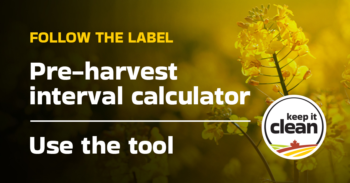Your on-farm decisions play a key role in keeping markets open for all. Always read and follow the product label for rate, timing and pre-harvest interval (PHI) to keep your crops market ready. Calculate your product’s PHI at bit.ly/43enuYW #SustainableCdnAg