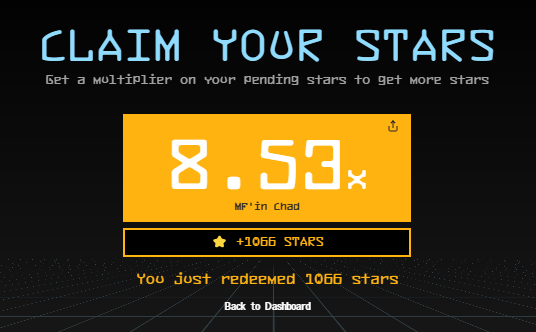 Pujasharma9929's tweet photo. I just got a 8.53x multiplier on my stars, earning 1066 stars for the @SuccinctLabs leaderboard! #SuccinctStars https://t.co/HTakIIOCQO