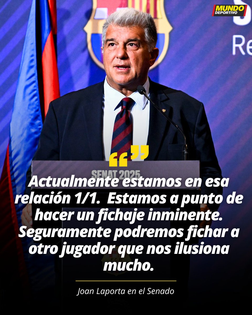 🗣️ Laporta: "Actualmente estamos en esa relación 1/1. Esto nos permite fichar con normalidad. Estamos a punto de hacer un fichaje inminente. Seguramente podremos fichar a otro jugador que nos ilusiona mucho."