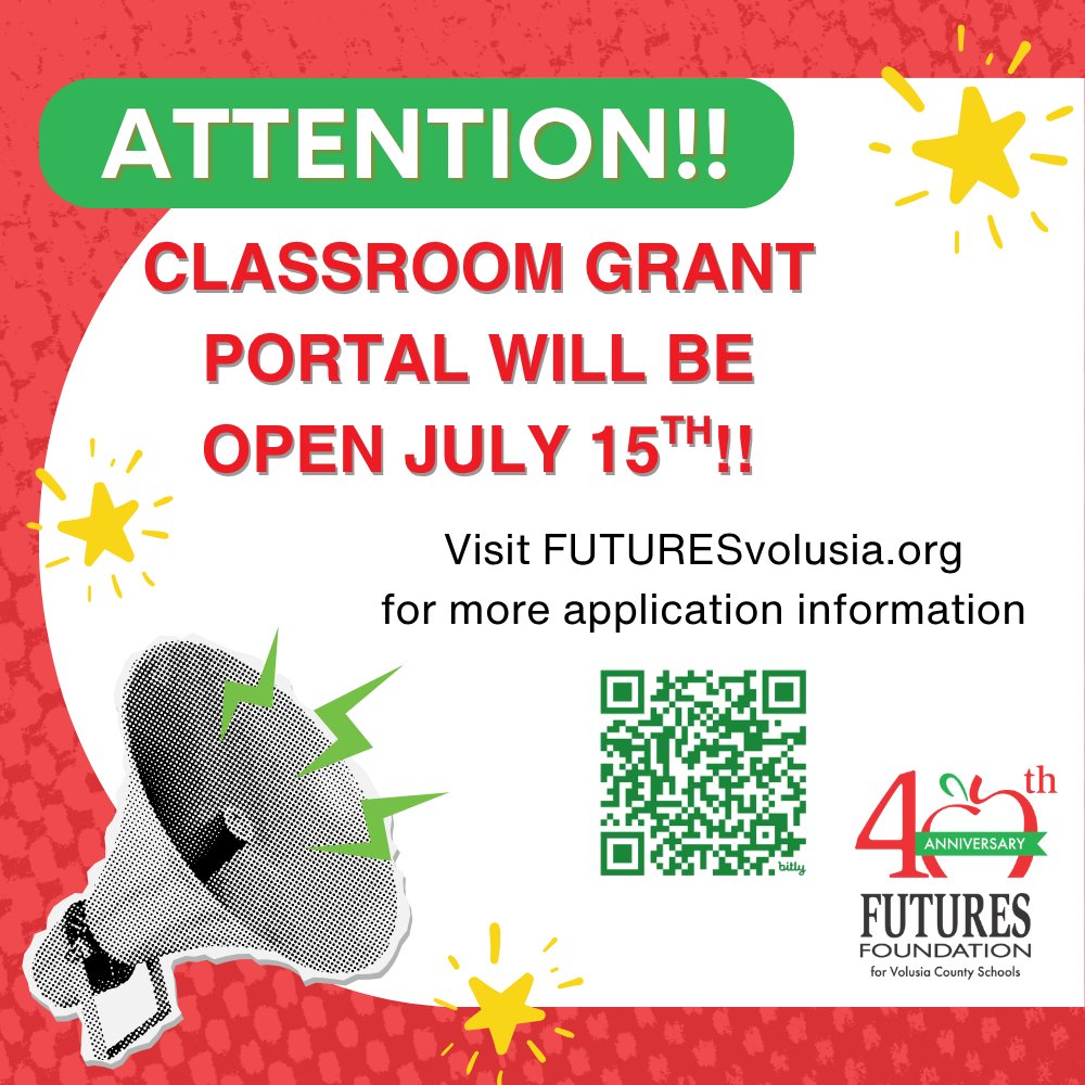 Attention <a href="/volusiaschools/">Volusia County Schools</a> teachers! We are transitioning to a new grants management platform! Funding requests for 25-26 will be accepted starting mid-July 2025. To keep up to date, check out the QR code. We look forward to seeing what innovative ideas we can help bring to life!