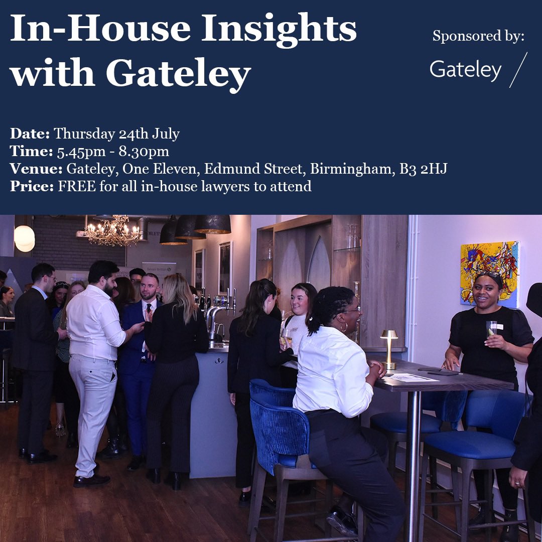 In-House Insights ⚖️💡

Looking forward to the next in-house event with <a href="/GateleyLegal/">Gateley Legal</a> and <a href="/BhamLawSociety/">Birmingham Law Society</a> 

The seminar will cover a variety of legal topics followed by networking

💡 24th July, 5:45pm
💡 <a href="/GateleyGroup/">Gateley</a> Birmingham 
💡 Free tickets 

Link: birminghamlawsociety.co.uk/members/book_e…