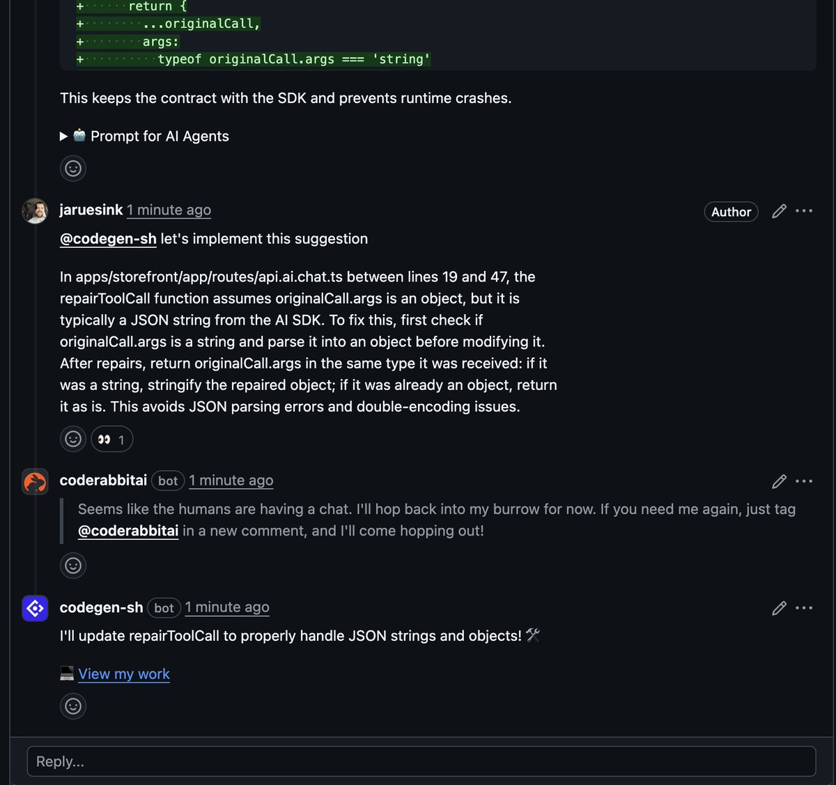 _jakeCodes's tweet image. "Seems like the humans are having a chat."
Thought this was silly. I guess coderabbit doesn't yet distinguish when I'm actually talking to a human or just another bot.