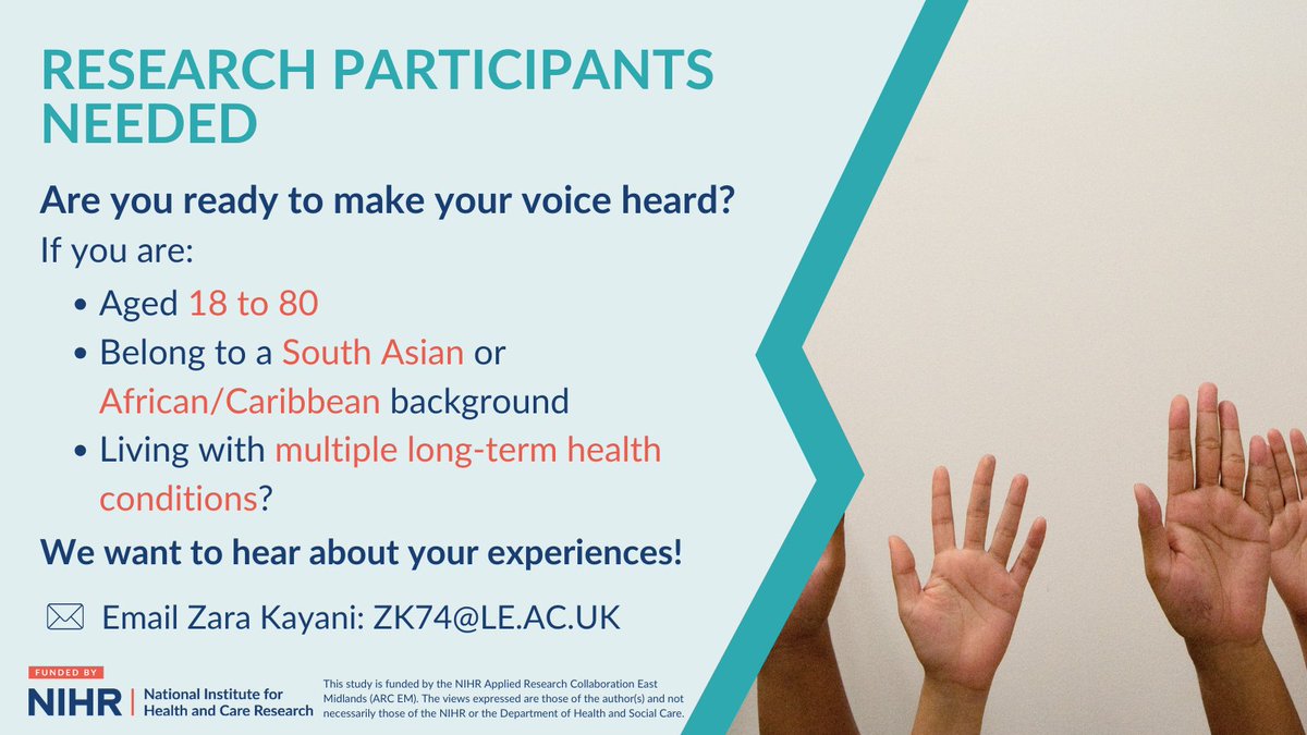Are you aged 18-80 and from a South Asian or African/Caribbean background living with a long-term health condition?  

Share your experiences as part of a #PhD study exploring health within diverse communities.  

✉️Email Zara Kayani: ZK74@LE.AC.UK

<a href="/AshRouten/">Ash Routen</a> <a href="/EthnicHealthRes/">Centre for Ethnic Health Research</a>