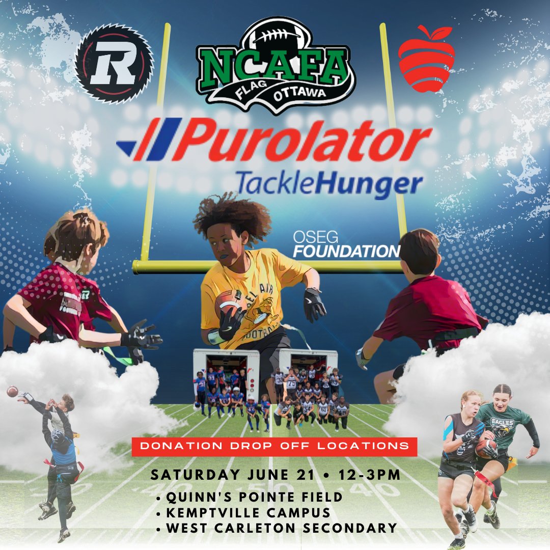 NCAFA (@ncafafootball) on Twitter photo The <a href="/REDBLACKS/">Ottawa REDBLACKS</a> & @foundationOSEG are fundraising donations in support of @purolatorinc. All donations go towards the Ottawa Food Bank.
Purolator trucks will be present on Sat, Jun, 21 from 12-3pm at 👇
-Quinn's Pointe
-Kemptville
-West Carleton
Let's #tacklehunger together! The <a href="/REDBLACKS/">Ottawa REDBLACKS</a> & @foundationOSEG are fundraising donations in support of @purolatorinc. All donations go towards the Ottawa Food Bank.
Purolator trucks will be present on Sat, Jun, 21 from 12-3pm at 👇
-Quinn's Pointe
-Kemptville
-West Carleton
Let's #tacklehunger together!
