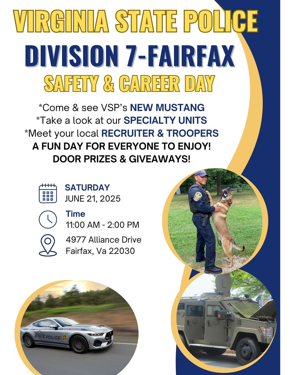 Hey Northern Virginia! 🚨 Get ready for an awesome Public Safety Day with VSP in Fairfax County this Saturday! From 11am to 2pm, bring the whole family for a fun-filled event. Learn about road safety, meet troopers, and join in on exciting activities! Don't miss out! 🚔👮‍♀️