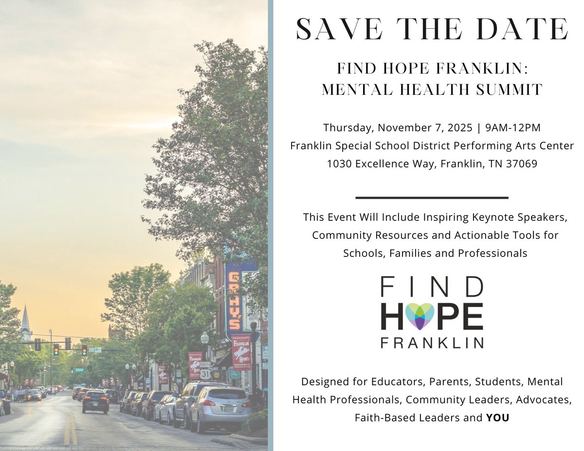 City of Franklin (@cityoffranklin) on Twitter photo SAVE THE DATE:
<a href="/HopeForFranklin/">FindHopeFranklin</a> Mental Health Summit
Thursday, November 7, 2025
Franklin Special School District Performing Arts Center
1030 Excellence Way
- Keynote Speakers
- Community Resources
- Actionable Tools for Schools, Families, and Professionals SAVE THE DATE:
<a href="/HopeForFranklin/">FindHopeFranklin</a> Mental Health Summit
Thursday, November 7, 2025
Franklin Special School District Performing Arts Center
1030 Excellence Way
- Keynote Speakers
- Community Resources
- Actionable Tools for Schools, Families, and Professionals