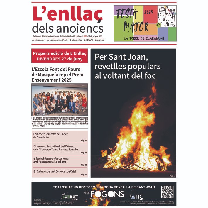 📌 Aquesta és la portada de L'Enllaç del 19 de juny
🥳 Demà disponible als llocs habituals i al web
🔴 Pròxima edició de l'Enllaç DIVENDRES 27 de juny
💥 Que passeu una bona revetlla!!!