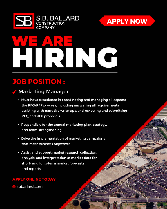 We’re growing our team! SB Ballard is hiring a Marketing Manager to lead strategic campaigns and elevate our brand across the industry.

Apply now at sbballard.com/careers.

#SBBallard #JoinOurTeam #VirginiaBeachJobs
