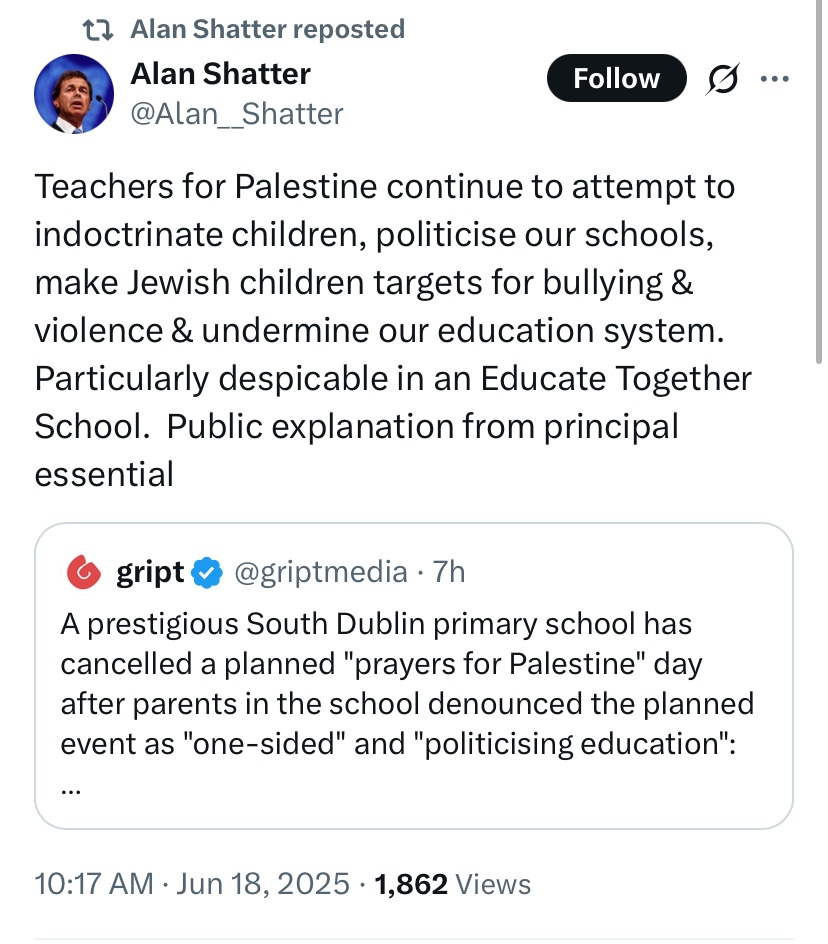 Over 20,000 Palestinian children have been killed in less than two years but Karen Shatter goes online and demands a public explanation that people want to pray for Palestine. 

And shares from a far right outlet.

And didn’t get the attention he wants, so he reposts himself.