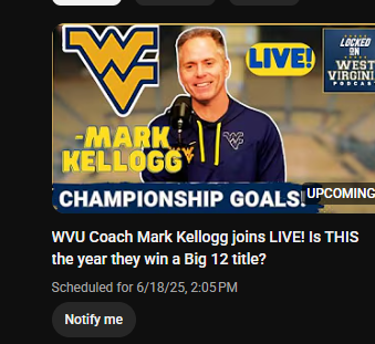 Mountaineer Paul (@paulmountaineer) on Twitter photo If you want to be notified for today's show with <a href="/WVUWBB/">WVU Women's Basketball</a> Coach <a href="/CoachKellogg12/">Mark Kellogg</a>, go to youtube at this link and click "notify me" Even if you all ready follow us over there, go make sure the notification bell is on. Link is below!
youtube.com/live/Iwdltn2SWโฆ If you want to be notified for today's show with <a href="/WVUWBB/">WVU Women's Basketball</a> Coach <a href="/CoachKellogg12/">Mark Kellogg</a>, go to youtube at this link and click "notify me" Even if you all ready follow us over there, go make sure the notification bell is on. Link is below!
youtube.com/live/Iwdltn2SWโฆ