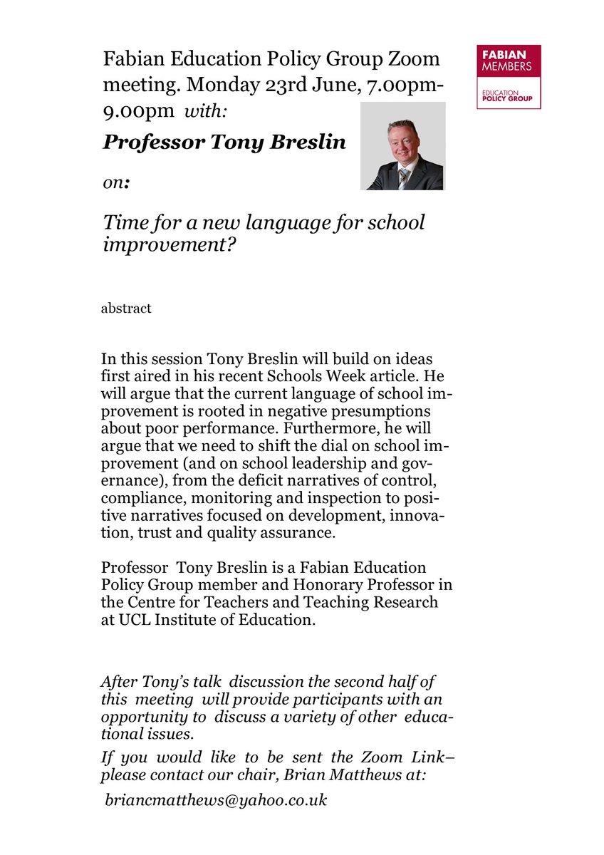 Fabians' Education Policy Group (@edufabians) on Twitter photo Really looking forward to Professor Tony Breslin's talk on a new language for school improvement at our zoom meeting on Monday 23rd June from 7.00pm-9.00pm.
For more details see our flyer
<a href="/UKpolicywatch/">Tony Breslin</a> <a href="/MelAinscow/">Mel Ainscow</a> <a href="/statesofmind_20/">Statesofmind</a> <a href="/NEUnion/">National Education Union</a> <a href="/MichaelRosenYes/">Michael Rosen 💙💙🎓🎓 NICE 爷爷</a> <a href="/youngfabians/">Young Fabians</a> Really looking forward to Professor Tony Breslin's talk on a new language for school improvement at our zoom meeting on Monday 23rd June from 7.00pm-9.00pm.
For more details see our flyer
<a href="/UKpolicywatch/">Tony Breslin</a> <a href="/MelAinscow/">Mel Ainscow</a> <a href="/statesofmind_20/">Statesofmind</a> <a href="/NEUnion/">National Education Union</a> <a href="/MichaelRosenYes/">Michael Rosen 💙💙🎓🎓 NICE 爷爷</a> <a href="/youngfabians/">Young Fabians</a>