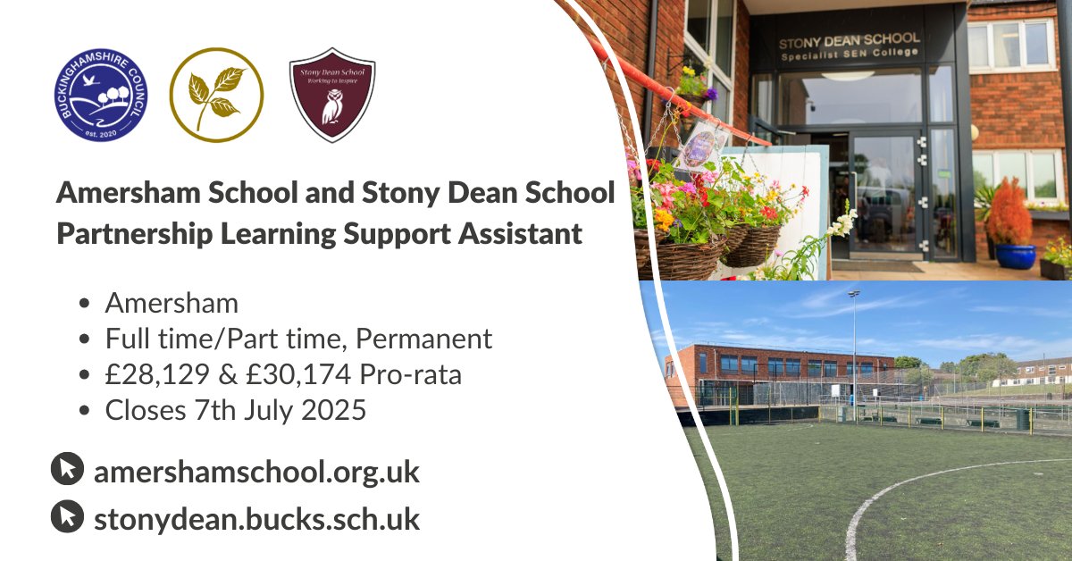 teachbucks's tweet image. Amersham and Stony Dean Schools are looking for a Learning Support Assistant. This is an opportunity to work on a new innovative projects supporting young people achieve their potential. Find out more: ow.ly/Sfob50WaSz6
#LearningSupportAssistant #JobsinSchools #Education