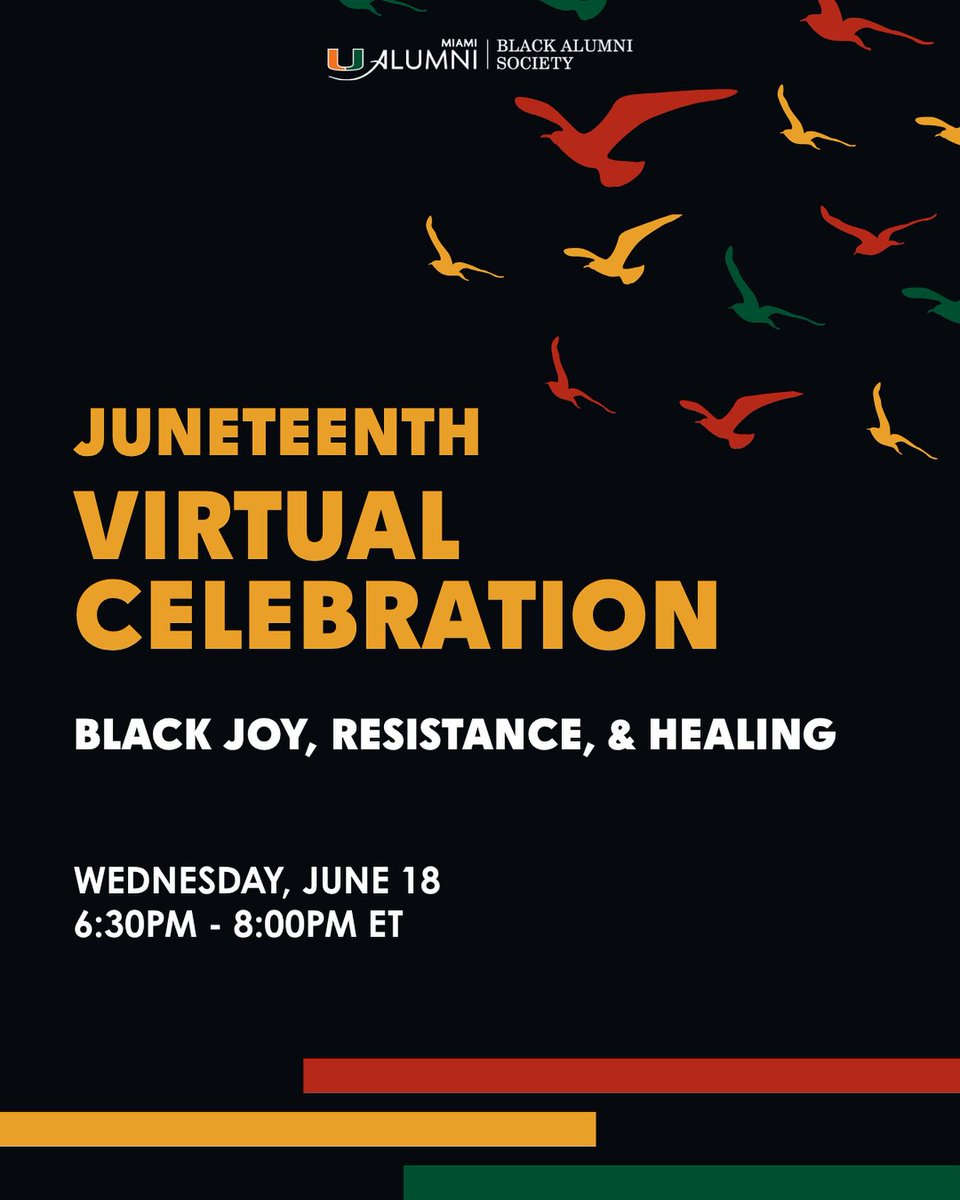 Join <a href="/UMBlackAlumni/">UM BAS</a> for "Black Joy: A Legacy of Healing and Resistance" tonight, June 18 at 6:30 pm. This virtual event will explore Miami's history of Black joy, resistance, and healing. Register at ow.ly/ou1p50WaYBS #juneteenth
