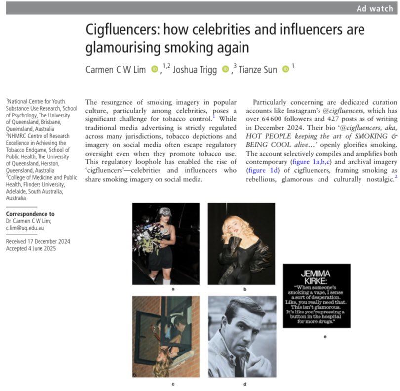 Carmen Lim (@cwernlim) on Twitter photo 🚨 New study 🚨
Drs <a href="/JoshLTrigg/">Dr Joshua Trigg</a> , <a href="/TianzeSun/">Tianze Sun 孙天则</a> and I wrote about the rise of #Cigfluencers in <a href="/TC_BMJ/">Tobacco Control</a>
Our study shows how social media is fuelling a subtle yet powerful resurgence of smoking as cool, aesthetic, and nostalgic.
🔗 tobaccocontrol.bmj.com/content/early/… 🚨 New study 🚨
Drs <a href="/JoshLTrigg/">Dr Joshua Trigg</a> , <a href="/TianzeSun/">Tianze Sun 孙天则</a> and I wrote about the rise of #Cigfluencers in <a href="/TC_BMJ/">Tobacco Control</a>
Our study shows how social media is fuelling a subtle yet powerful resurgence of smoking as cool, aesthetic, and nostalgic.
🔗 tobaccocontrol.bmj.com/content/early/…